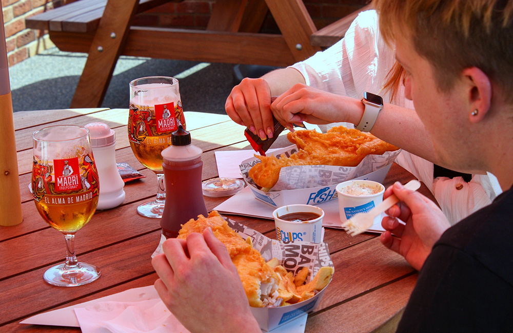 Fish, Chips and a beer. Will's Plaice and Harry's Bar in East Runton.